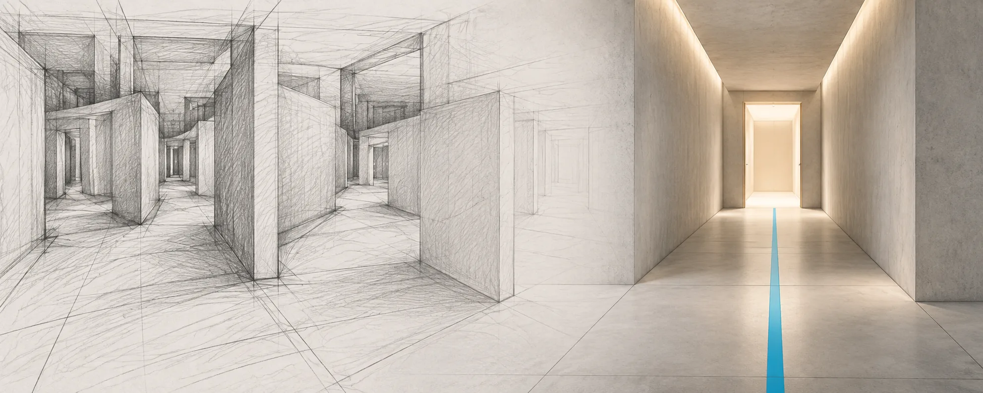 Architectural sketch transforming into a finished corridor, representing JT Imagine turning complexity into clarity